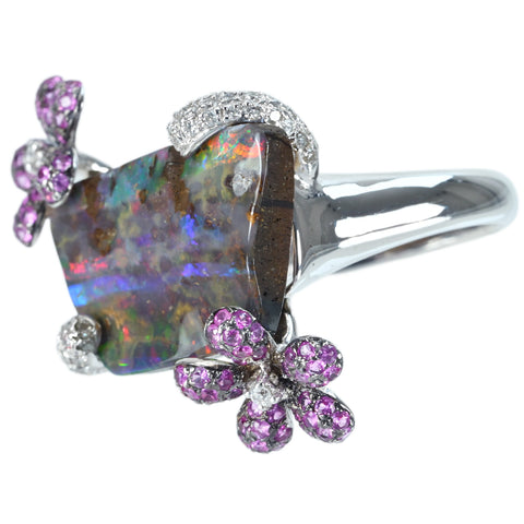 【中古】K18WG BOULDER OPALボルダーオパール・ピンクサファイアリング O13.42ct PS0.86ct D0.27ct 10.0g #15
