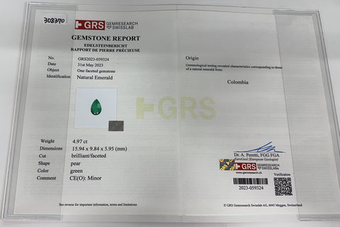 Pre-owned 18K White Gold Colombian Emerald Ring, E4.97ct, D0.57ct, GRS Certificate, 11.8g, #13 