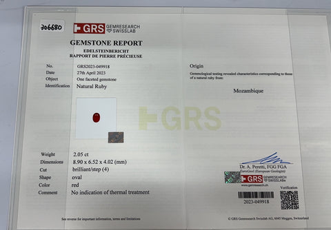 Pre-owned 18K White Gold Ruby Ring, Unheated Ruby from Mozambique, 2.05ct R, 1.62ct D, GRS Certificate, 6.2g 