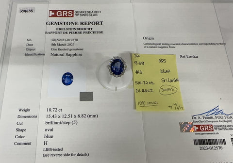 【中古】K18WG SAPPHIRE RING スリランカ産サファイヤリング S10.72ct D1.44ct GRS鑑別書 9.3g
