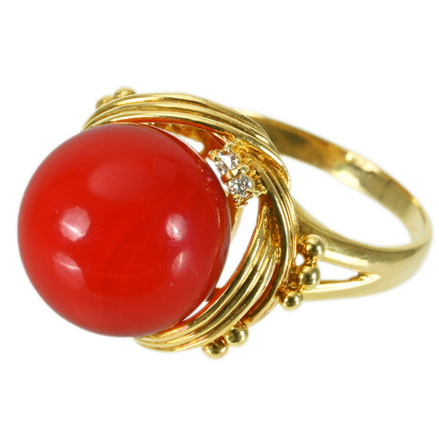 【中古】K18YG CORAL RING 丸珠赤サンゴリング12.5mm径 DIA 7.8g