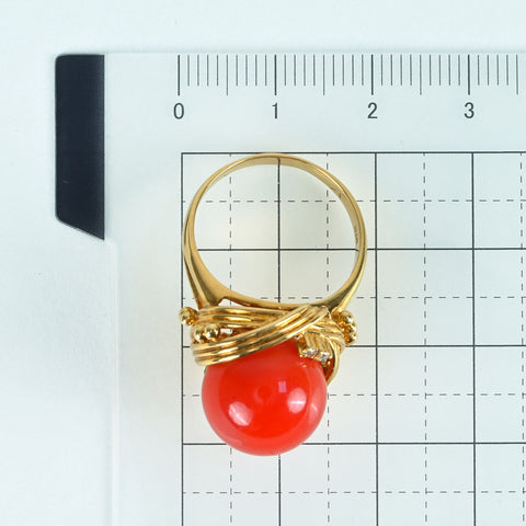 【中古】K18YG CORAL RING 丸珠赤サンゴリング12.5mm径 DIA 7.8g