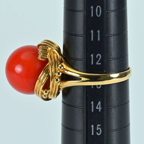 【中古】K18YG CORAL RING 丸珠赤サンゴリング12.5mm径 DIA 7.8g