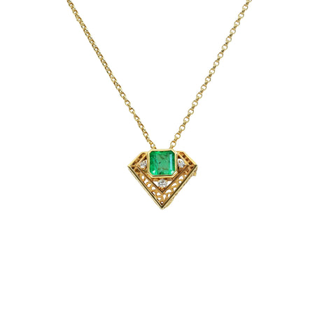 【中古】K18YG EMERALD エメラルド ブローチ兼用ペンダントネックレス E3.45ct D0.19ct 8.5g