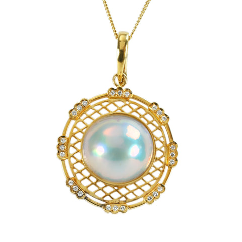 【中古】K18YG MABE PEARL NECKLACE マベパールペンダントネックレス 17.3mm D0.21ct 15.2g