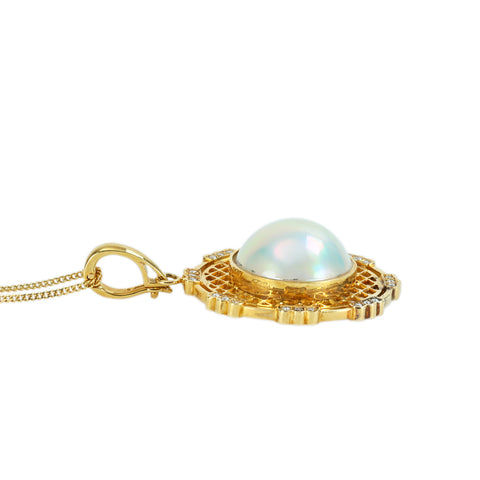 【中古】K18YG MABE PEARL NECKLACE マベパールペンダントネックレス 17.3mm D0.21ct 15.2g