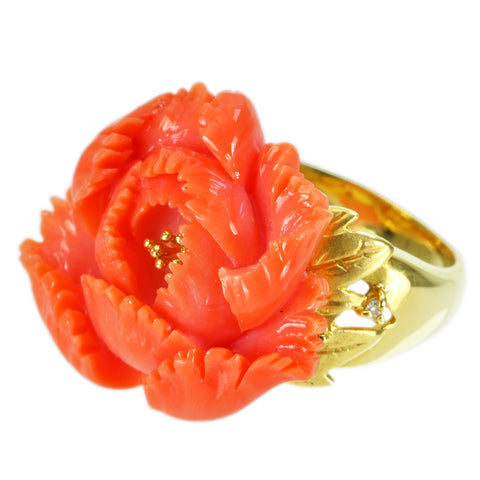 [Used] K18YG CORAL RING Carved Coral Ring 8.9g #10