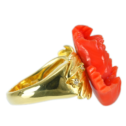 [Used] K18YG CORAL RING Carved Coral Ring 8.9g #10