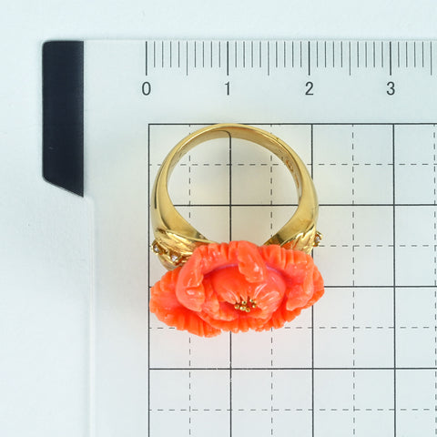 [Used] K18YG CORAL RING Carved Coral Ring 8.9g #10