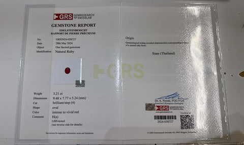 Pre-owned 18K Yellow Gold Ruby Ring from Thailand, 3.21ct R, 2.51ct D, GRS "intense to vivid red", 14.4g, #13.5, Certificate of Authenticity 