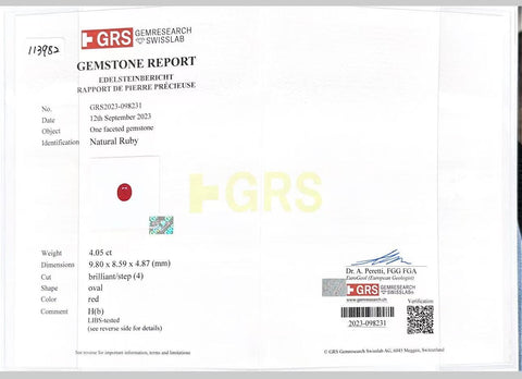 【中古】PT900 RUBY RING ルビーリング R4.05ct D0.69ct GRS鑑別書 8.8g #14