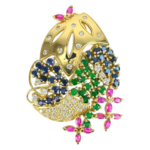 [Used] 18K Yellow Gold Multi-Pendant Brooch with Multi-Color Stone Pendant, 17.4g Diamond 