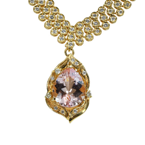 【中古】K18YG モルガナイトペンダントネックレス M7.40ct D1.43ct 24.7g