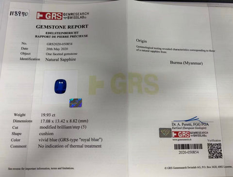 【中古】K18YG BURMA NO HEAT SAPPHIRE RING ビルマ産非加熱サファイアリング S19.93ct D GRS鑑別書 17.5g #11.5
