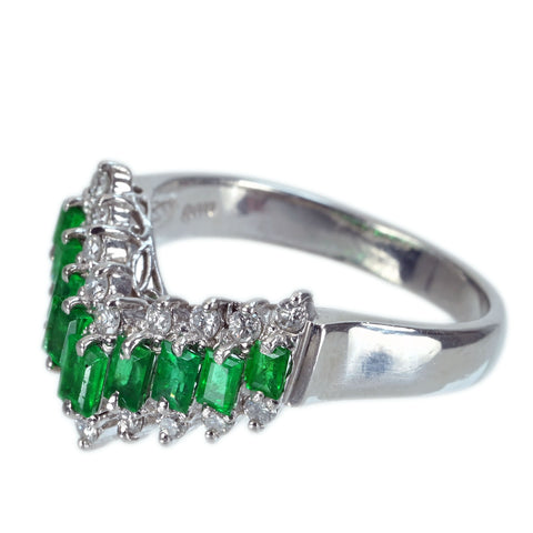 【中古】PT900 EMERALD RING エメラルドVラインリング E0.80ct D0.29ct 5.9g #12