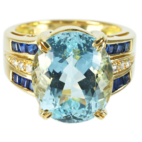 【中古】K18YG AQUAMARINE RING アクアマリンリング AQ11.66ct S0.90ct D0.11ct 13.0g #15.5
