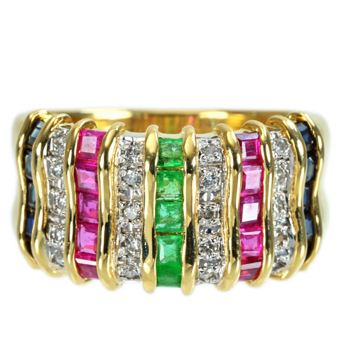 【中古】K18YG/PT900 MULTI STONES RING ルビー・サファイア・エメラルドリング R0.66ct S0.56ct E0.22ct D0.15ct 8.3g #13.5