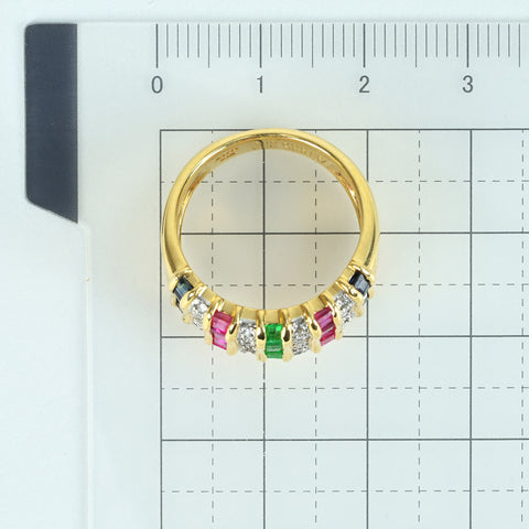 【中古】K18YG/PT900 MULTI STONES RING ルビー・サファイア・エメラルドリング R0.66ct S0.56ct E0.22ct D0.15ct 8.3g #13.5