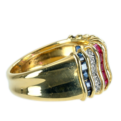 【中古】K18YG/PT900 MULTI STONES RING ルビー・サファイア・エメラルドリング R0.66ct S0.56ct E0.22ct D0.15ct 8.3g #13.5