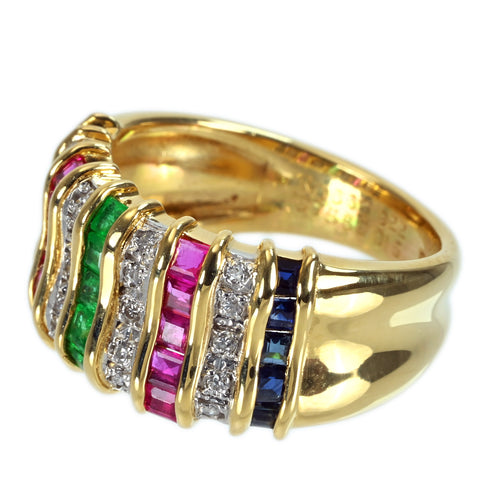 【中古】K18YG/PT900 MULTI STONES RING ルビー・サファイア・エメラルドリング R0.66ct S0.56ct E0.22ct D0.15ct 8.3g #13.5