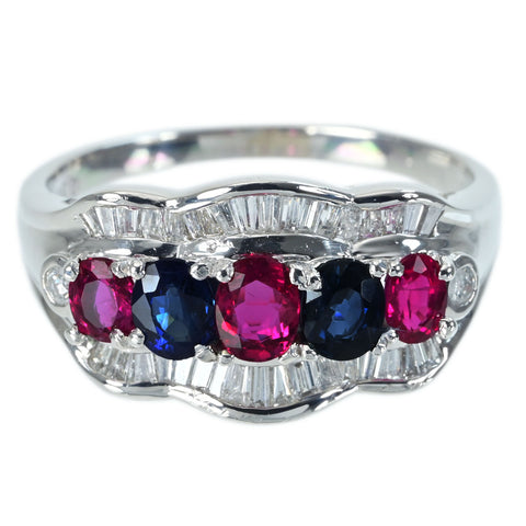[Used] PT900 Multi Stone Ring, Ruby/Sapphire, 1.36ct (Rose Gold), 0.40ct (Diamond Gold), 7.4g (#15) 
