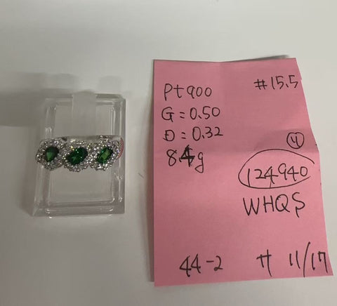 【中古】PT900 GARNET RING グリーンガーネットリング GG0.50ct D0.32ct CGLソーティング 8.4g #15.5