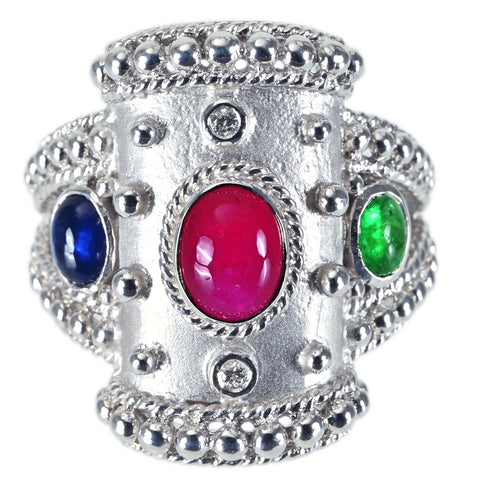 【中古】K18WG RUBY SAPPHIRE EMERALD RING ルビー/サファイア/エメラルドリング RSE2.06ct D0.02ct 鑑別 13.6g #11.5