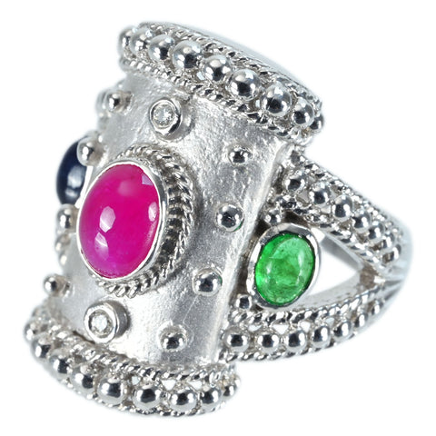 【中古】K18WG RUBY SAPPHIRE EMERALD RING ルビー/サファイア/エメラルドリング RSE2.06ct D0.02ct 鑑別 13.6g #11.5