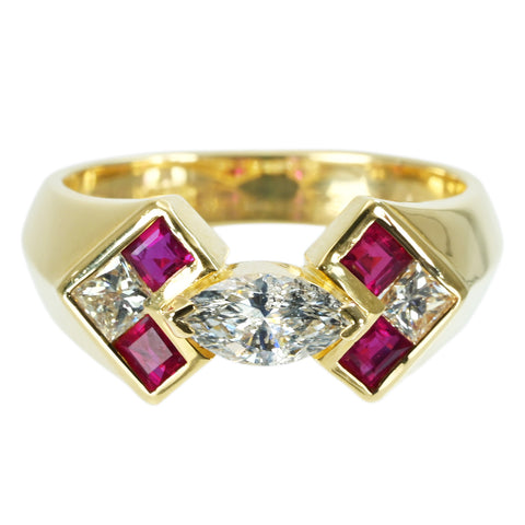 【中古】K18YG DIAMOND ダイヤモンド・ルビーリング RING D0.35ct D0.20ct R0.46ct 5.1g #8.5