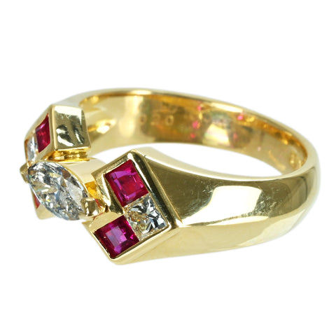 【中古】K18YG DIAMOND ダイヤモンド・ルビーリング RING D0.35ct D0.20ct R0.46ct 5.1g #8.5
