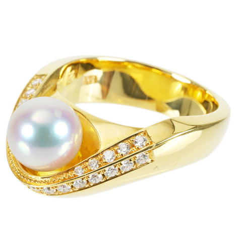【中古】 K18YG AKOYA PEARL RING アコヤパールリング P8.0mm D0.361ct 12.9g #14