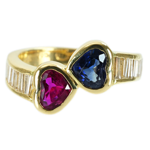 Pre-owned 18K Yellow Gold Ruby and Sapphire Heart Ring, 0.74ct (R) x 0.66ct (S) x 0.59ct (D) x 4.2g (#8.5) 