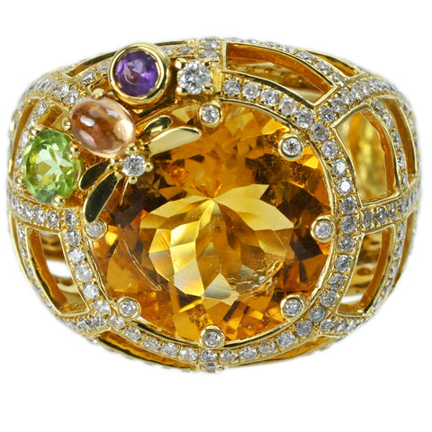 Pre-owned 18K Yellow Gold Citrus Ring with Citrine, Peridot, and Amethyst, C8.60ct, D1.55ct, Nihon Hokyo Sorting, 12.1g, #15 