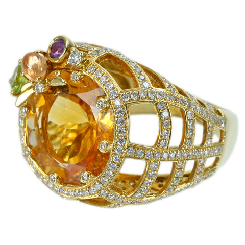 Pre-owned 18K Yellow Gold Citrus Ring with Citrine, Peridot, and Amethyst, C8.60ct, D1.55ct, Nihon Hokyo Sorting, 12.1g, #15 
