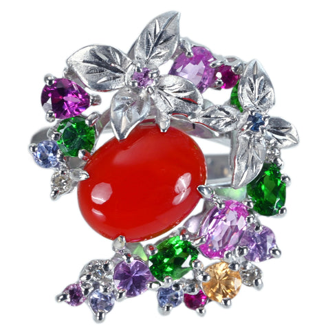【中古】K18WG CORAL RING サンゴ・マルチカラーストーンリング C2.56ct M1.80ct 8.8g #15