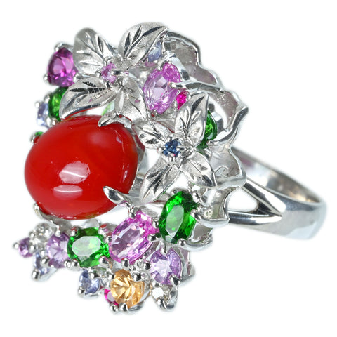 【中古】K18WG CORAL RING サンゴ・マルチカラーストーンリング C2.56ct M1.80ct 8.8g #15