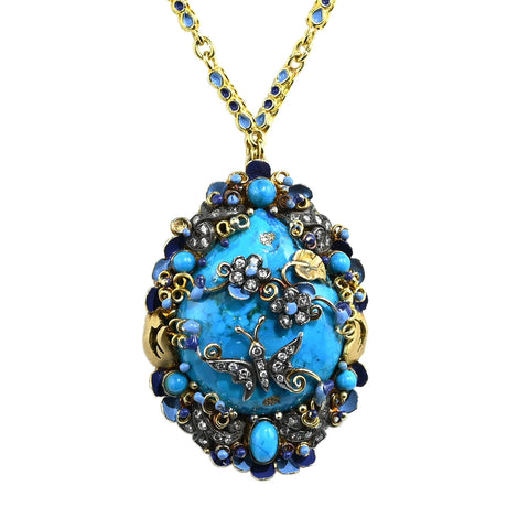 【中古】750 TURQUOISE NECKLACE K18YG K18トルコ石ペンダントネックレス ハンドメイド品 51.9g 48cm