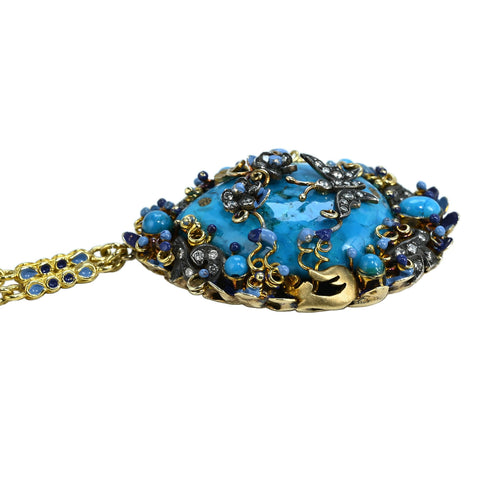 【中古】750 TURQUOISE NECKLACE K18YG K18トルコ石ペンダントネックレス ハンドメイド品 51.9g 48cm