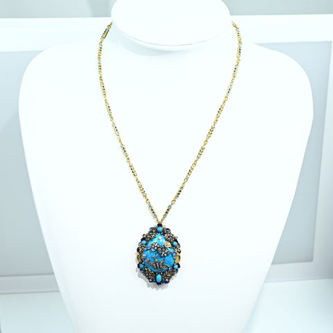 【中古】750 TURQUOISE NECKLACE K18YG K18トルコ石ペンダントネックレス ハンドメイド品 51.9g 48cm
