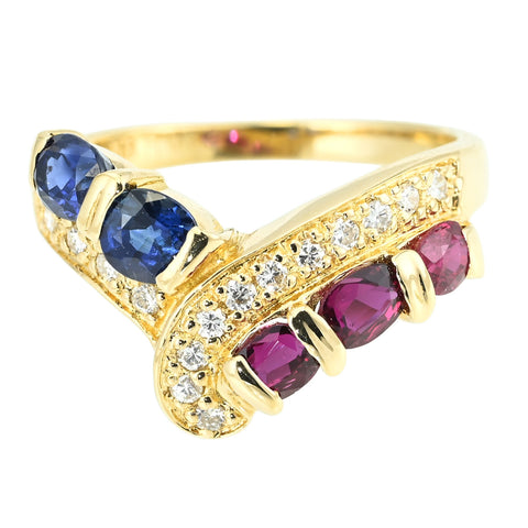 【中古】K18YG SAPPHIRE RUBY RING サファイア・ルビーリング S0.75ct R0.72ct D0.15ct 3.9g #12