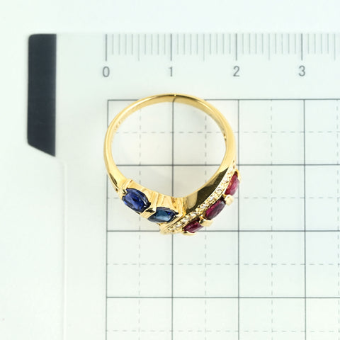 【中古】K18YG SAPPHIRE RUBY RING サファイア・ルビーリング S0.75ct R0.72ct D0.15ct 3.9g #12