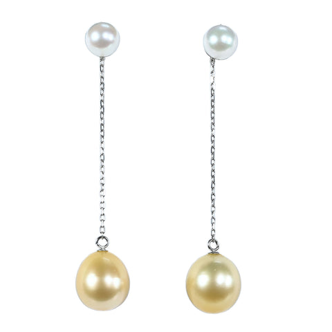 【中古】K14WG PEARL EARRINGS 2 ウェイ ゴールデン＆ホワイトパールピアス 9.5mm 6.4mm3.9g
