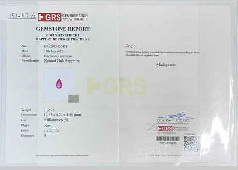 【中古】PT900 PINK SAPPHIRE EARRINGS ピンクサファイアピアス PS3.968ct / PS3.648ct D GRS鑑別書 10.6g
